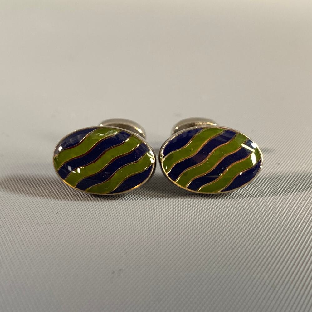 PAUL SMITH Silver Green & Blue Stripe Cuff Links